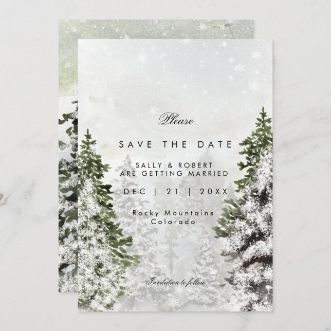 rustic winter trees wedding save the date card (Front/Back)