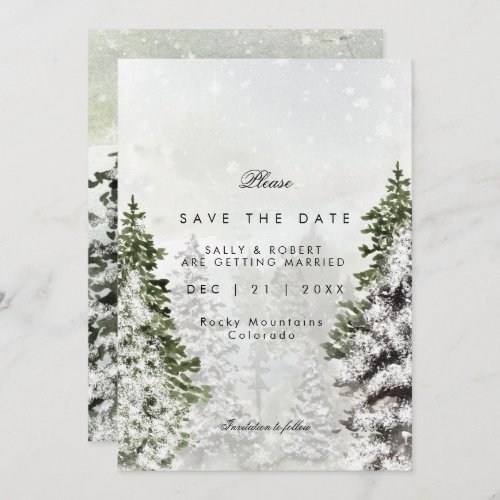 rustic winter trees wedding save the date card