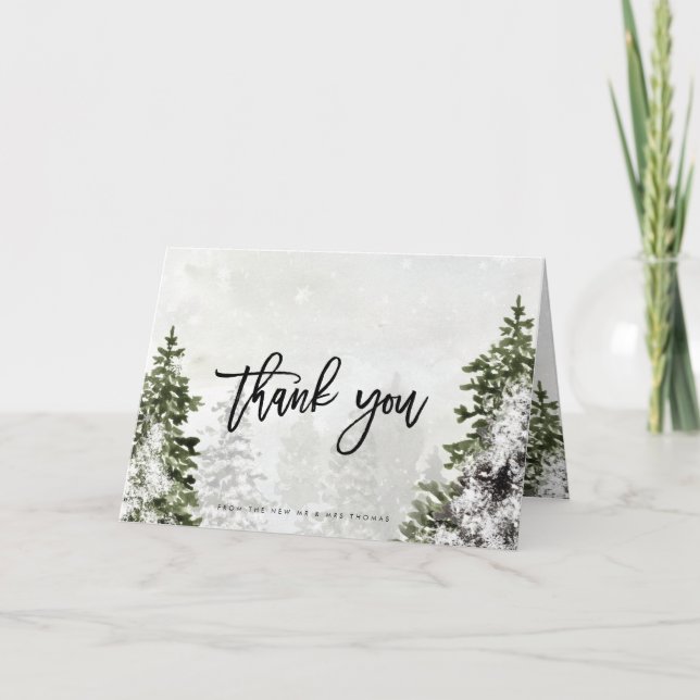 rustic winter trees wedding thank you card (Front)