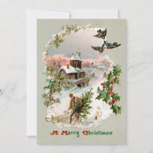 Rustic Winter Village with Holly Holiday Card