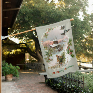 Rustic Winter Village with Holly House Flag