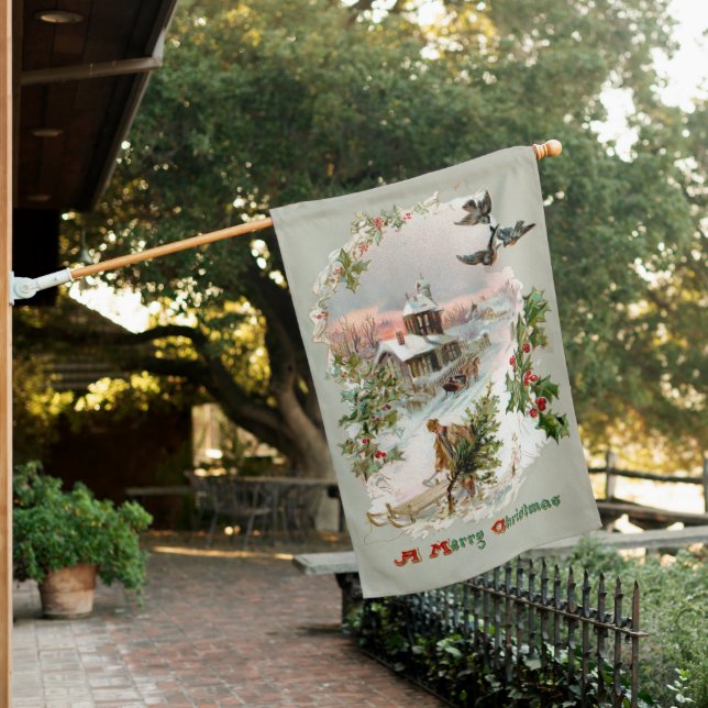 Rustic Winter Village with Holly House Flag (In SItu)