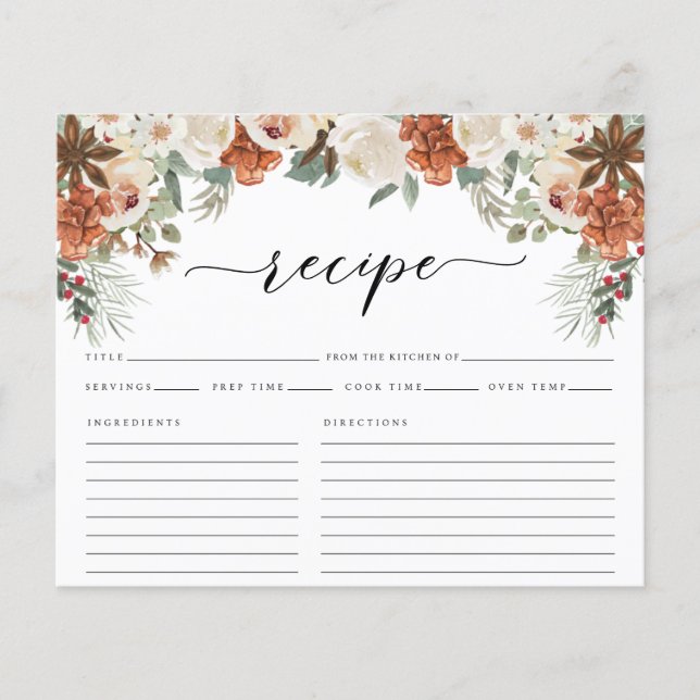 Rustic Winter Watercolor Bridal Shower Recipe Card (Front)