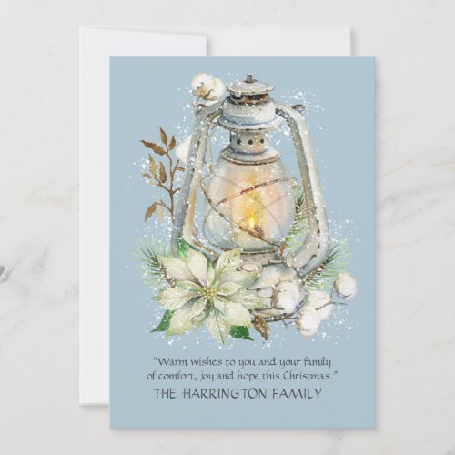 Rustic Winter Watercolor Lantern Christmas Blue  Holiday Card