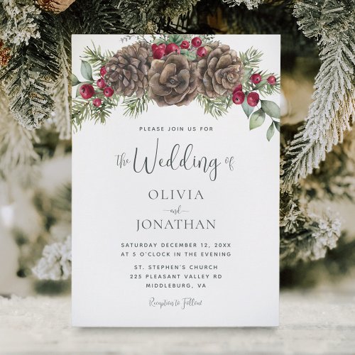 Rustic Winter Watercolor Pine Cone Script Wedding Invitation