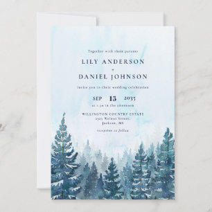 Rustic Winter Watercolor Pine Tree Forest Wedding Invitation