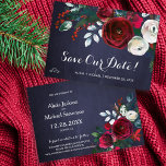 Rustic winter watercolor red peonies wedding save the date<br><div class="desc">Winter wedding save the date featuring a bunch of red burgundy and white peony flowers with seasonal pine green fir branches,  red berries,  and foliage on a navy chalkboard background. Ideal for a winter Christmas elegant classy rustic floral themed wedding.</div>
