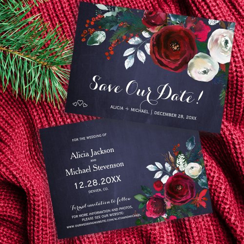 Rustic winter watercolor red peonies wedding save the date