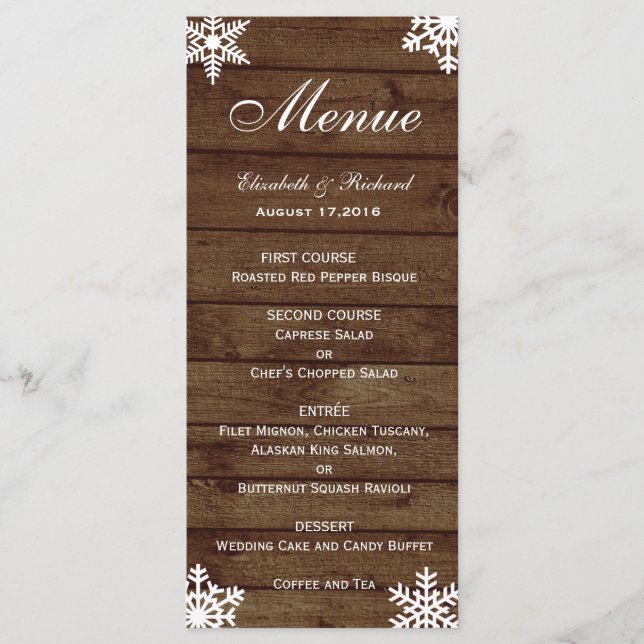 Rustic Winter Wedding Barn Wood Snowflakes Menu (Front)