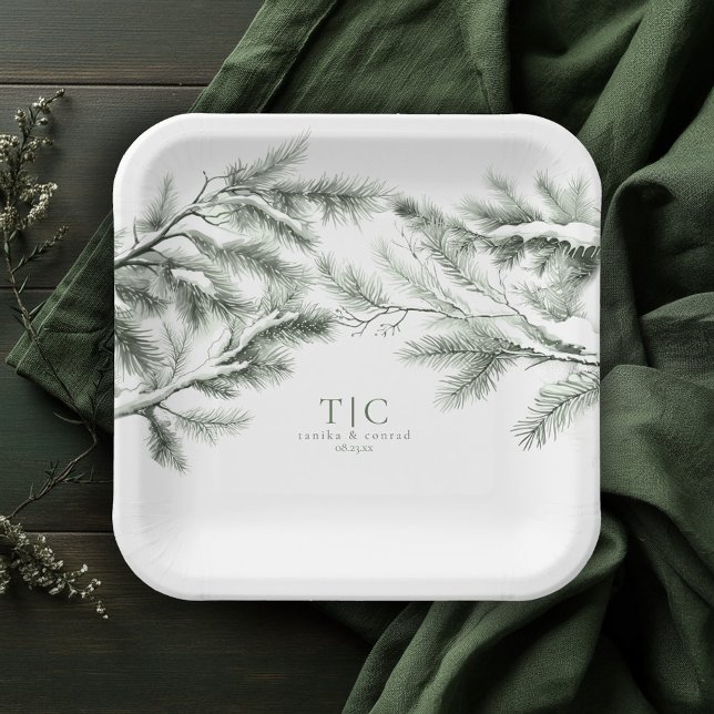 Rustic Winter Wedding Boughs Forest Green ID1049 Paper Plates (Creator Uploaded)