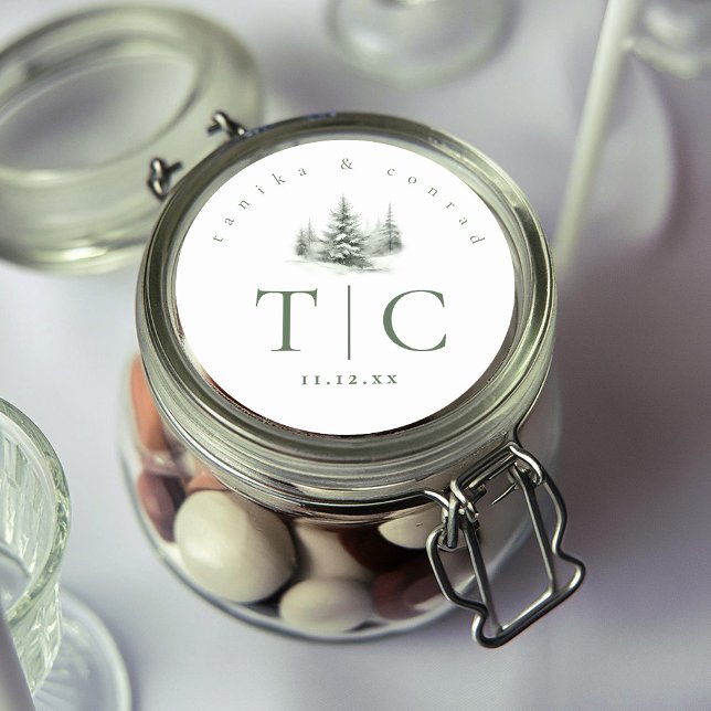 Rustic Winter Wedding Initials Forest Green ID1049 Classic Round Sticker (Creator Uploaded)