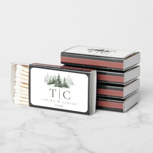 Rustic Winter Wedding Initials Forest Green ID1049 Matchboxes