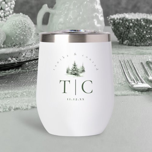 Rustic Winter Wedding Initials Forest Green ID1049 Thermal Wine Tumbler