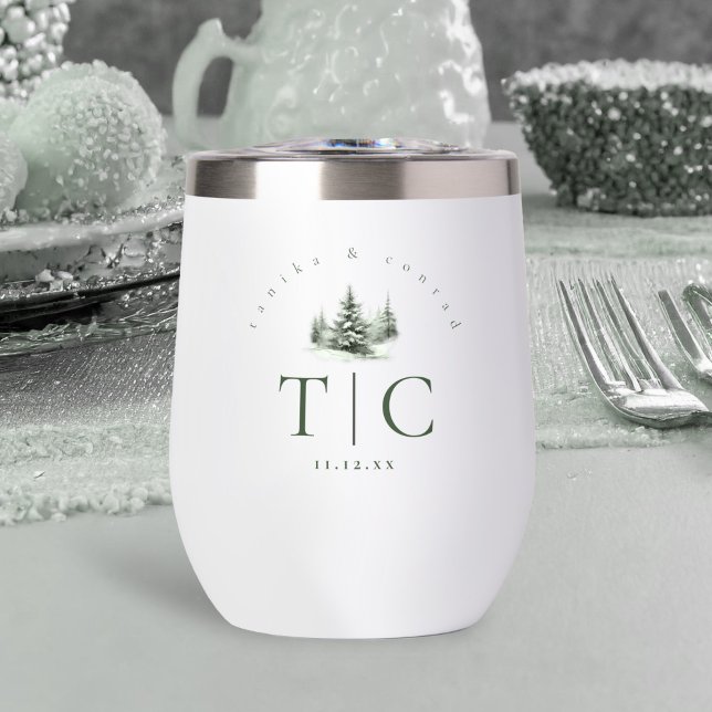 Rustic Winter Wedding Initials Forest Green ID1049 Thermal Wine Tumbler (Creator Uploaded)