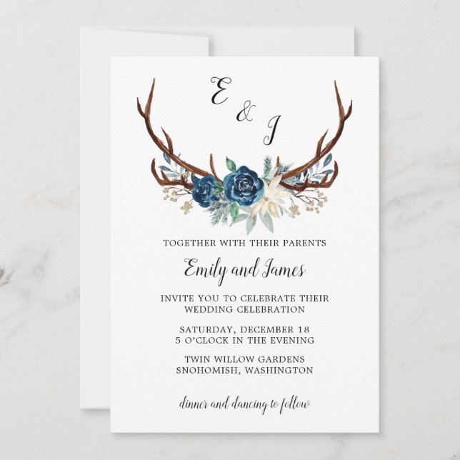 Rustic Winter Wedding Invitation with Navy Roses (Front)