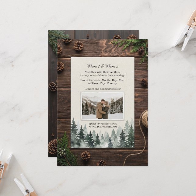 Rustic winter wedding invitation with photo (Front/Back In Situ)