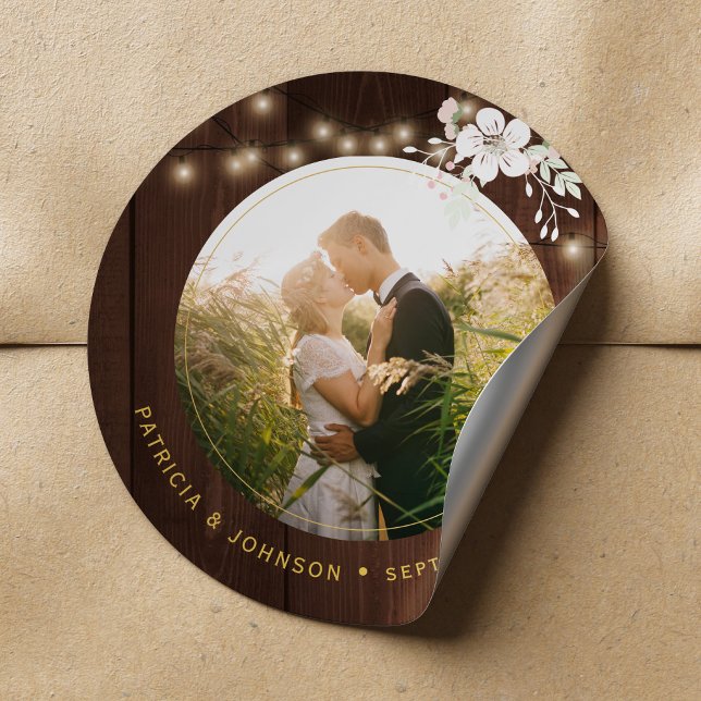 Rustic winter wedding photo personalized wood classic round sticker (Creator Uploaded)