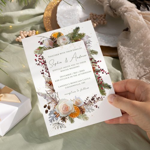 Rustic Winter Wedding Pine and Rose Foliage Invitation