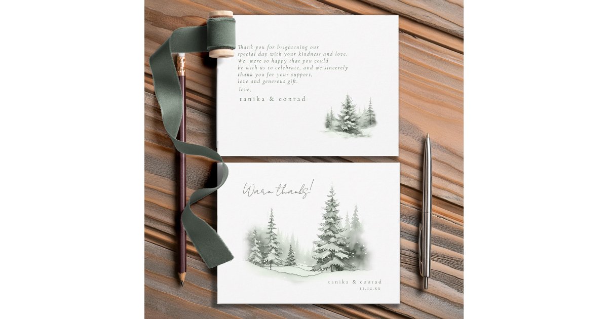 Rustic Winter Wedding Thanks Forest Green ID1049 Thank You Card | Zazzle