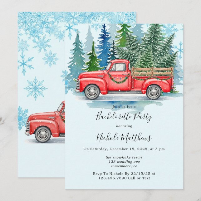 Rustic Winter Wedding Truck Bachelorette Party Invitation (Front/Back)