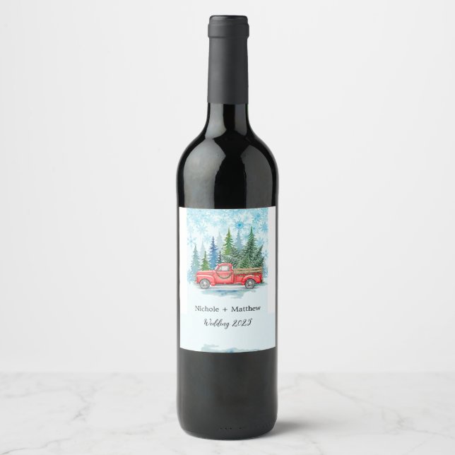 Rustic Winter Wedding Truck Favor Wine Label (Front)