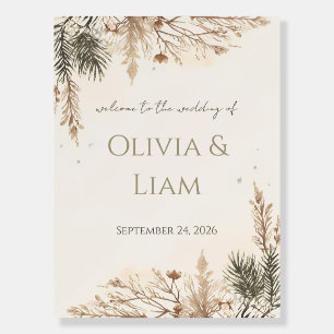 Rustic Winter Wedding Welcome Sign with Snowy Pine