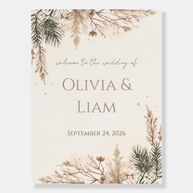 Rustic Winter Wedding Welcome Sign with Snowy Pine (Front)