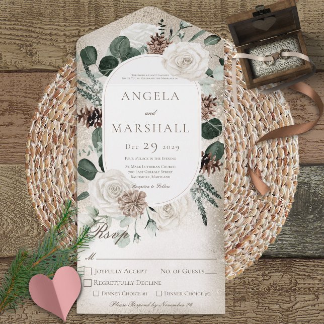 Rustic Winter White Floral Gold Dinner All In One Invitation (Creator Uploaded)