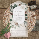 Rustic Winter White Floral Gold No Dinner All In One Invitation<br><div class="desc">ALSO AVAILABLE WITH A QR CODE TO SCAN. This simple yet elegant design has a frame of winter pine greenery, pine cones, white roses, and eucalyptus on a soft white blur overlay with a glistening gold background. The front flap contains the bride and groom's first initials. This design is available...</div>