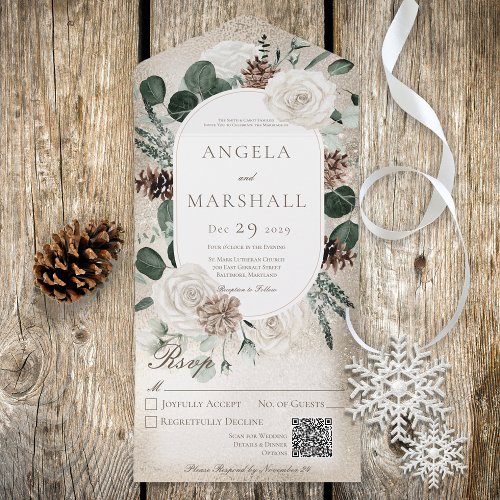 Rustic Winter White Floral Gold QR Code All In One Invitation