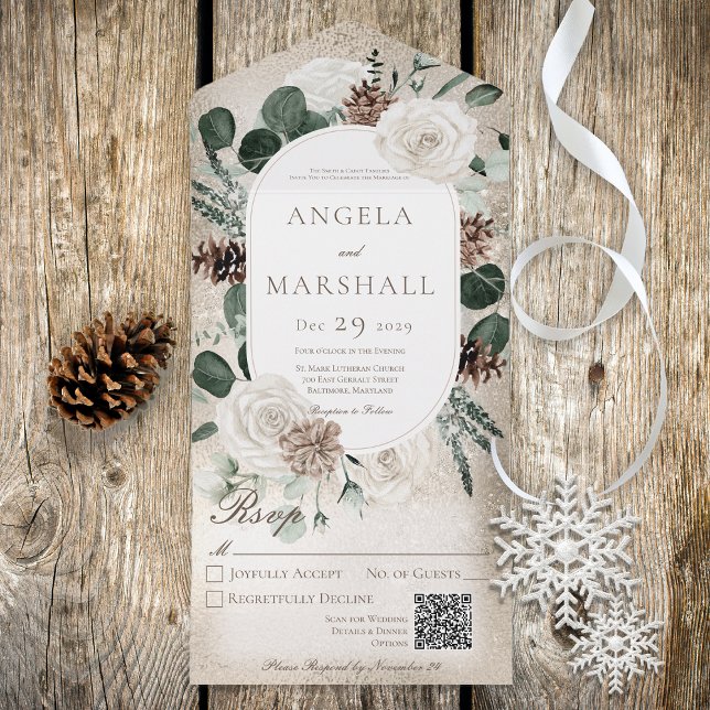 Rustic Winter White Floral Gold QR Code All In One Invitation (Creator Uploaded)