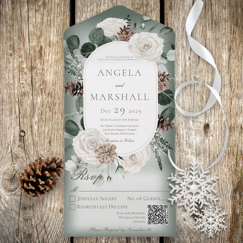 Rustic Winter White Floral Green QR Code All In One Invitation