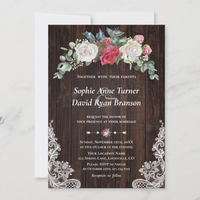 Rustic Winter White Red Floral Wood Lace Wedding Invitation (Front)
