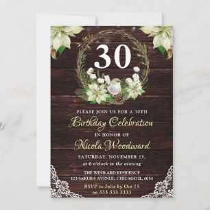 Rustic Winter White Robin & Holly Wreath Birthday Invitation