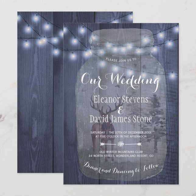 Rustic Winter Wonderland Mason Jar Lights Wedding Invitation (Front/Back)