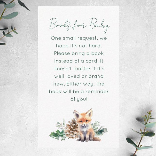 Rustic Winter Woodland Baby Shower Book Request Enclosure Card (This rustic woodland Book Request baby shower card features a cute fox and winter greenery)