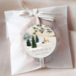 Rustic Winter Woodland Baby Shower Classic Round Sticker<br><div class="desc">These favor stickers were designed with a cozy woodland scene a delightful addition to your envelopes or party favor bags. Click Personalize to edit all text. Matching items in our Elegant Winter Forest Baby Shower Collection - Designed by Cava Party Design.</div>