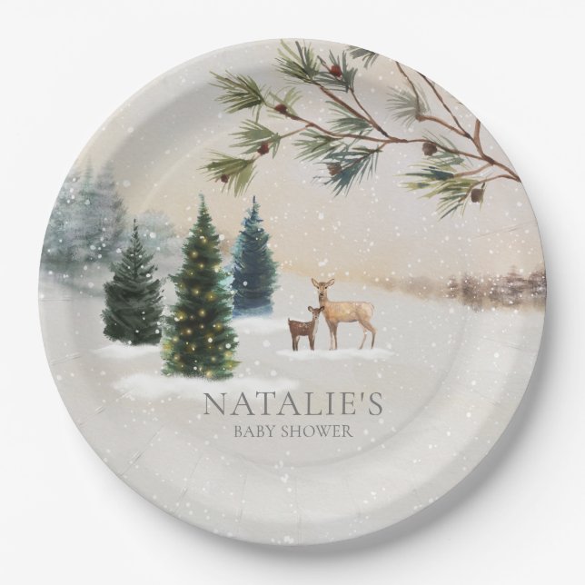 Rustic Winter Woodland Baby Shower Personalized Paper Plates (Front)