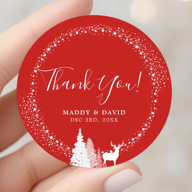 Rustic Winter Woodland Deer Red Thank You Classic Round Sticker (Creator Uploaded)