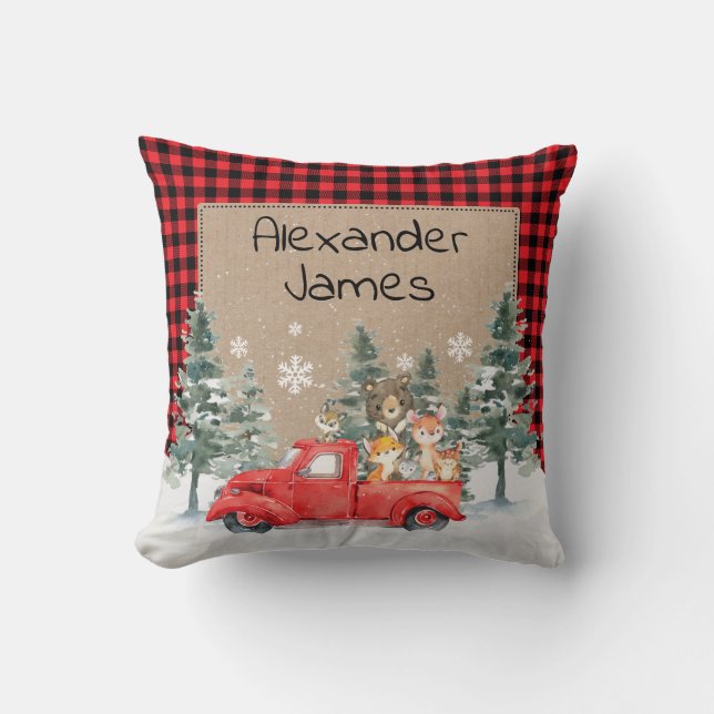 Rustic Winter Woodland Forest Animals Baby Nursery Throw Pillow (Front)