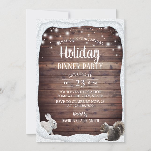 Rustic Winter Woodland Holiday Dinner Party Invitation (Front)