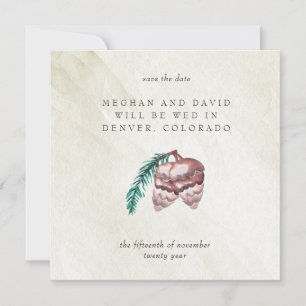 Rustic Winter Woodland Pine Cone Save the Date Announcement