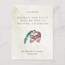 Rustic Winter Woodland Pine Cone Save the Date Announcement Postcard