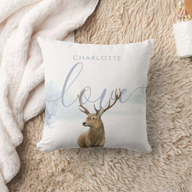 Rustic Winter Woodland Scene Stag Personalized Throw Pillow (Blanket)