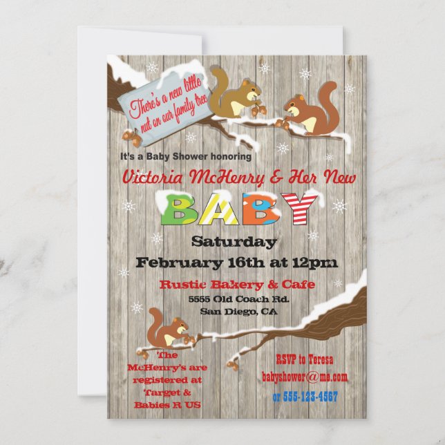Rustic Winter Woodland Squirrel Baby Shower Invitation (Front)