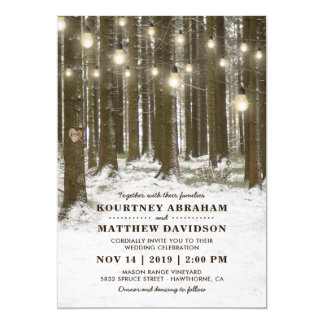 Rustic Winter Woodland Tree String Lights Wedding Card