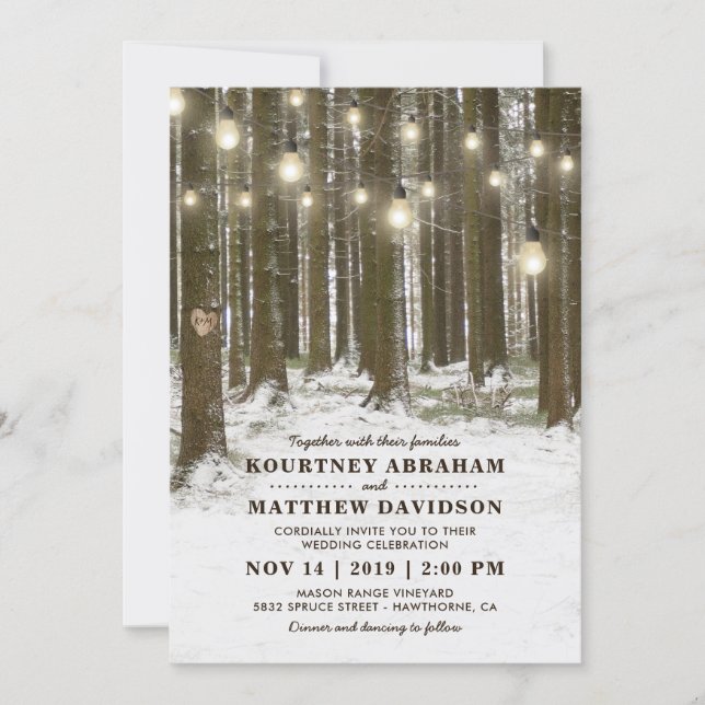 Rustic Winter Woodland Tree String Lights Wedding Invitation (Front)