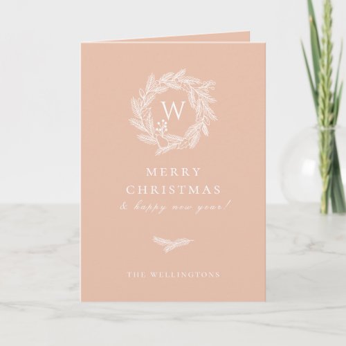 Rustic Winter Wreath Blush Pink Holiday Card