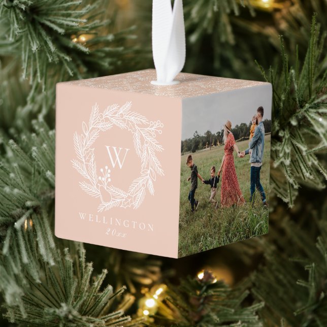 Rustic Winter Wreath Monogram Blush Photo Cube Ornament (Tree)