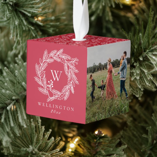 Rustic Winter Wreath Monogram Red Photo Cube Ornament (Tree)